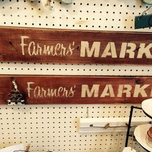 Original Wooden sign that says,  Farmers Market, with nails to hang stuff on